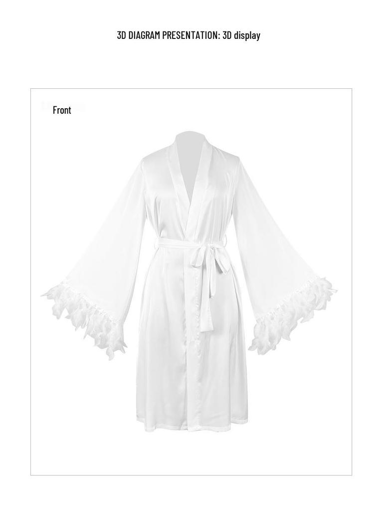 Elegant Satin Feather Sleeve Multi-color V-neck Tie-up Pajama Robe 942
