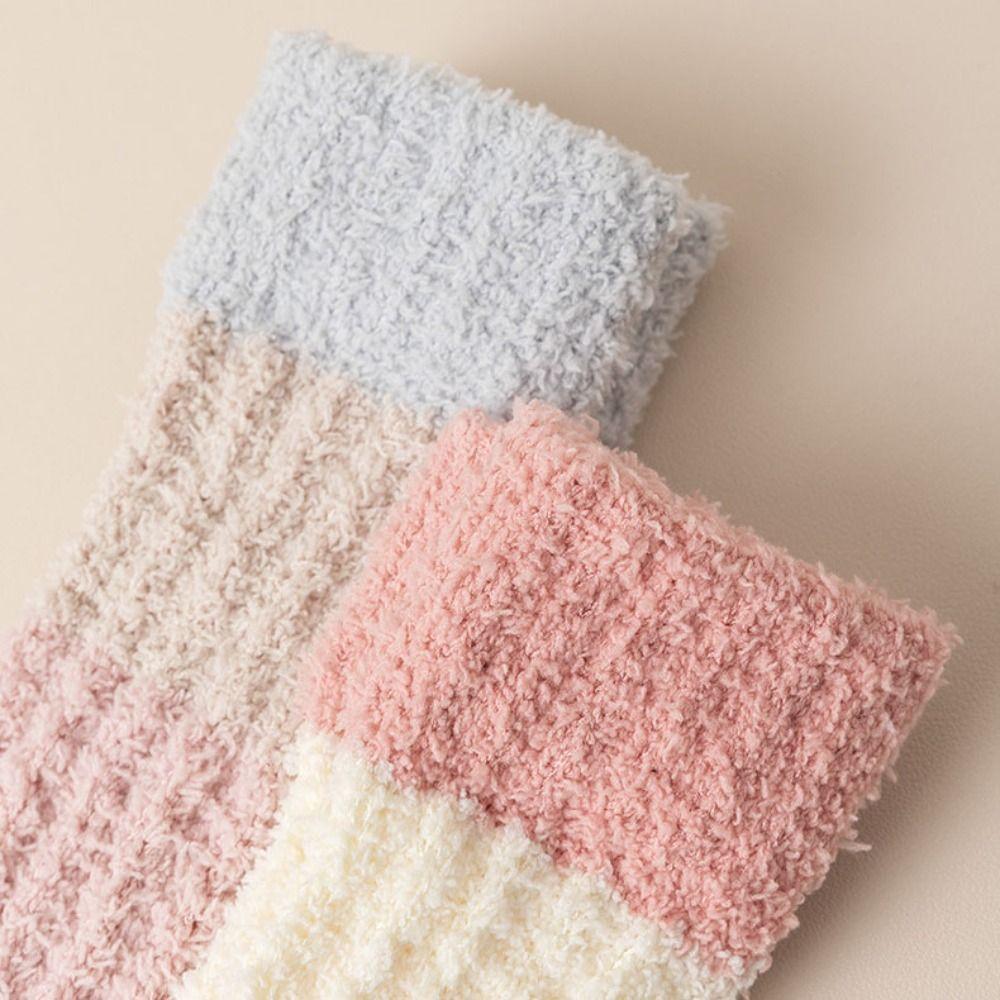 3Pairs Thickened Floor Plush Socks Stripe Mid Tube Socks Women Kawaii Coral Fleece Socks Autumn
