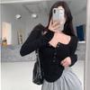 2KWEIRD Women Sexy Square Neck T-shirt Autumn Chic Button Long Sleeve Slim Fit Crop Top Y2K Femme Slim Skinny Tshirt Women Basic Tops