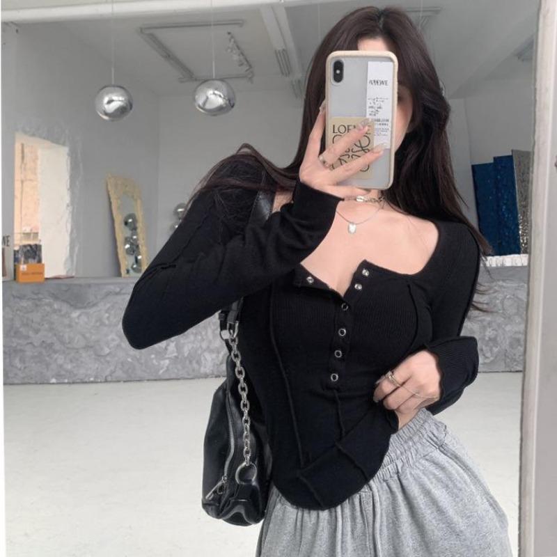 2KWEIRD Women Sexy Square Neck T-shirt Autumn Chic Button Long Sleeve Slim Fit Crop Top Y2K Femme Slim Skinny Tshirt Women Basic Tops
