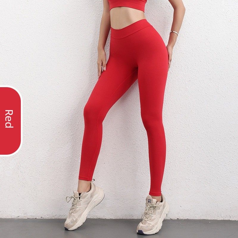 

New European and American Peach Hip Rear V-Type Yoga Pants High Waist Nude Feel Hip Lifting Chrysanthemum Sports High Elasticity Fitness Pants True Red M