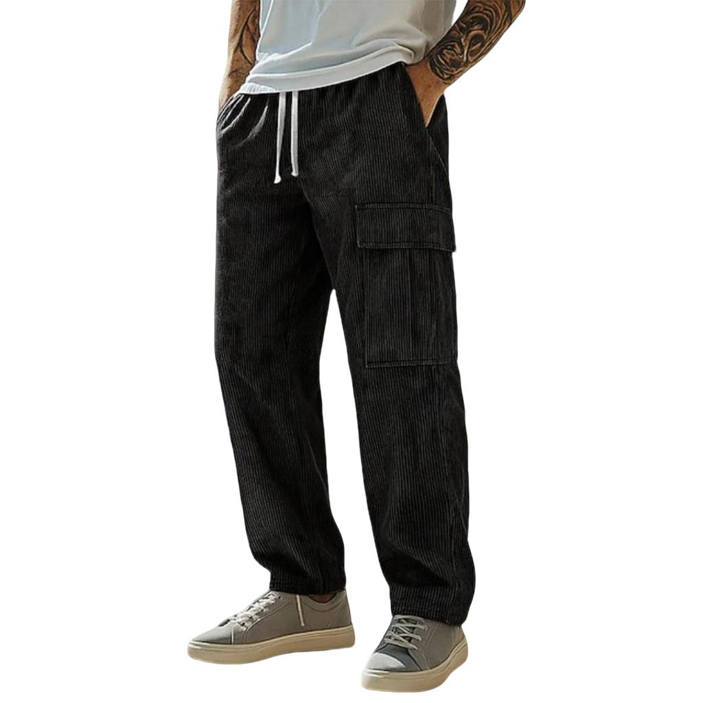 Mens Casual Corduroy Pants Elastic Waist Drawstring Sweatpants Casual Baggy Straight Cargo Pants Streetwear
