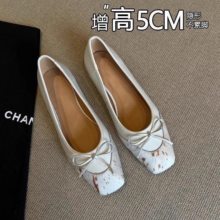 French retro square head bow small single shoes women's spring new shallow mouth one pedal with skirt flat shoes