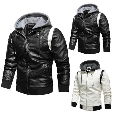 Men's Leather Stand Collar Detachable Hooded Motorcycle Leather Jacket Fashionable Colorblock Coat
