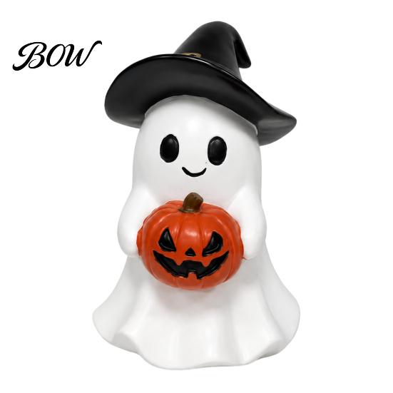 Whimsical Halloween Statue Ghost Figurine, Cute Resin Holding Pumpkin Night Light for Desk Tabletop Indoor Home Decor Healing Room Accessory