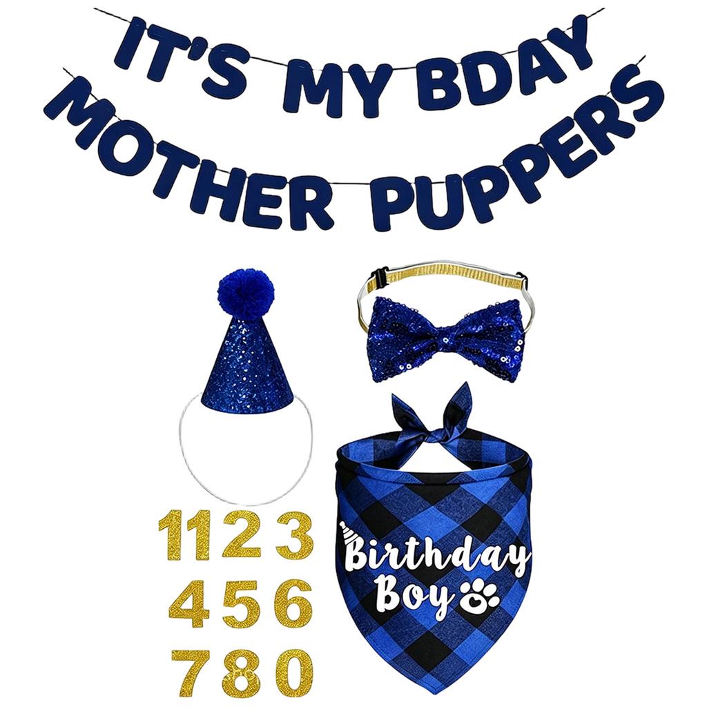 Pet Birthday Party Decoration Set with Banner Crown Bow Tie Bandana and Number Stickers for Dog Cat Celebration Accessories