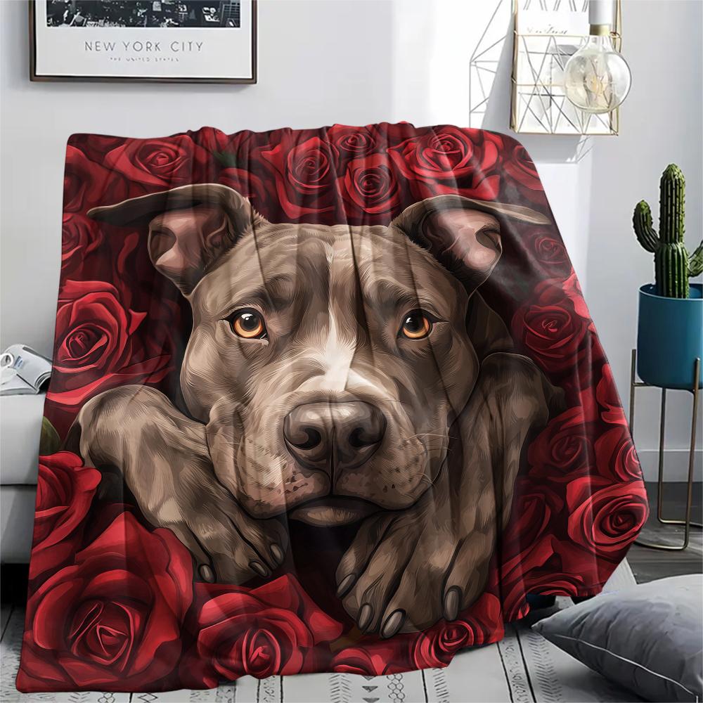

Pitbull and roses,pattern Flannel Blanket, High quality Comfortable for All Seasons, Home Decor, Warmth and Comfort, Perfect for Gifts. 80cm x 120cm