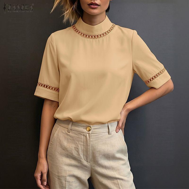 ZANZEA Women Summer Casual Mock Neck Loose Half Sleeve Blouse
