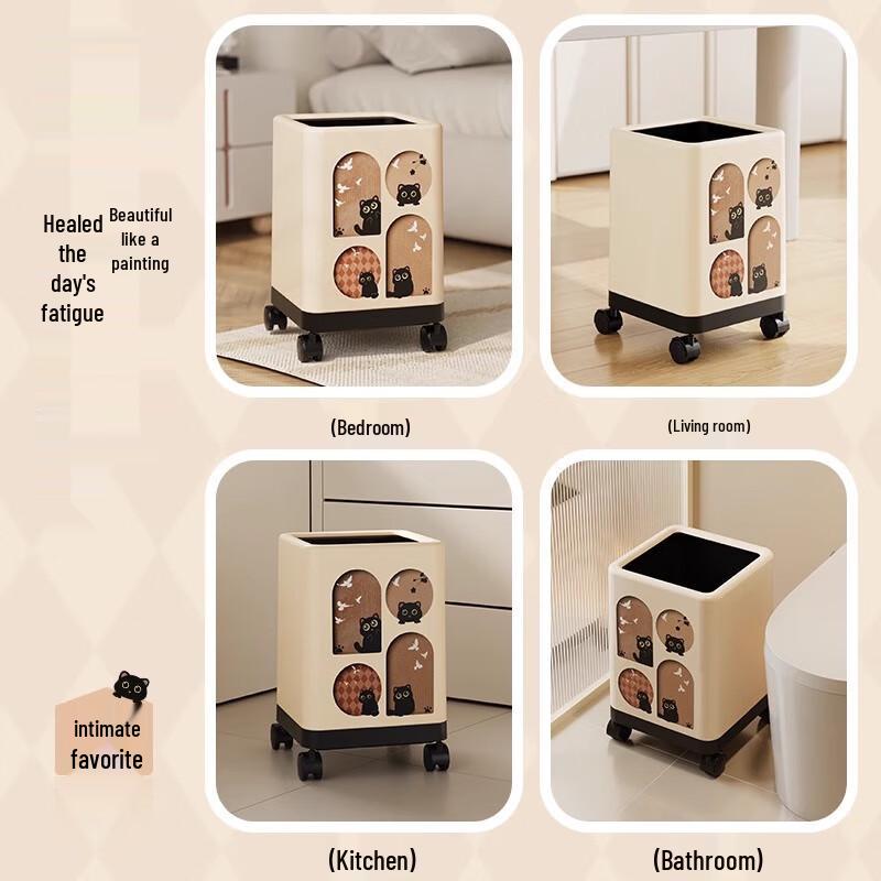 Cute Cat Square Trash Can with Universal Wheels, 13L