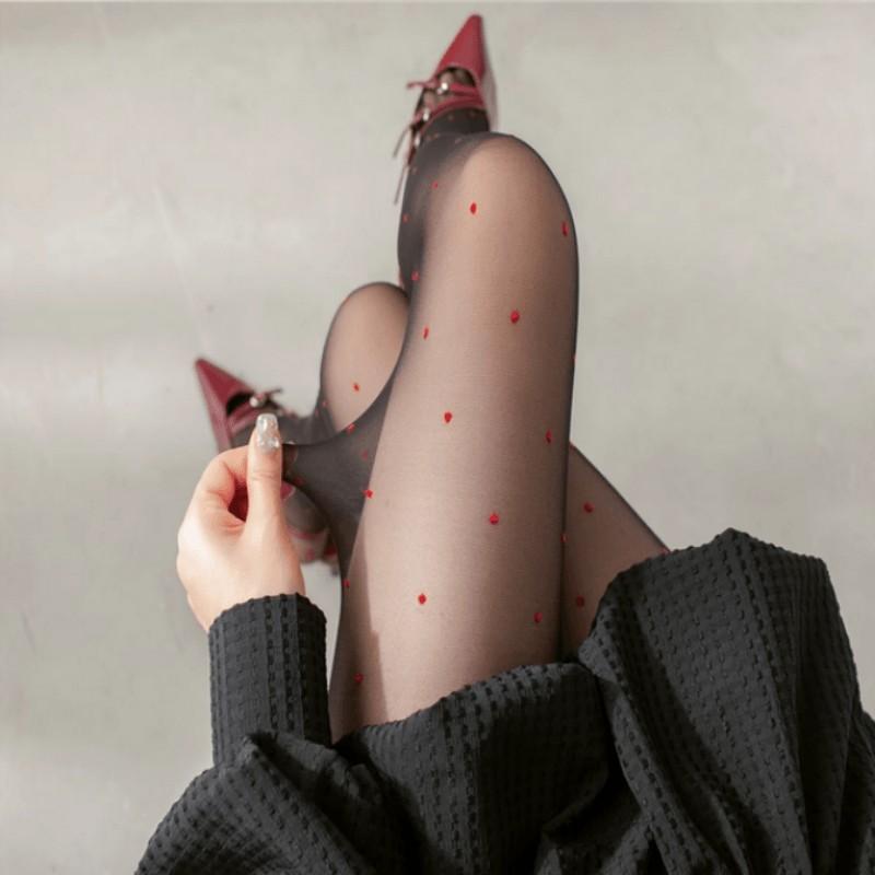 

Pure Desire Red Little Love Stockings Sexy Hot Girl Black Silk Polka Dot Black Base Stockings Ultra-Thin And Transparent Pantyhose One size fits all