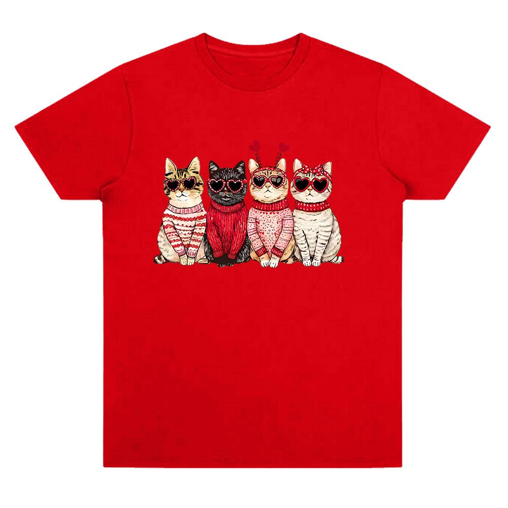 

Valentine Cat T Shirts Valentines Day Cotton Clothing Cat Lover Tee Valentines Gift Top Women Men Fashion Party Y2K T-shirts XXL червоний