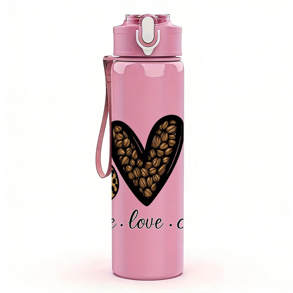1PC Peace Love Coffee Heart Print 750ml Color Plastic Sports Water Bottle Leakproof Flip Straw Lid Suitable for Sports Office Home Use