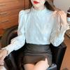 Bubble Sleeve Chiffon Women's Autumn and Winter Fashionable Half High Collar Lace Bottom Top