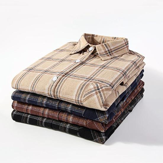 Men Autumn Shirt Plaid Print Contrast Colors Turn-down Collar Lapel Korean Style Single-breasted Loose Pocket Soft Patchwork Spring Shirt Daily Wear