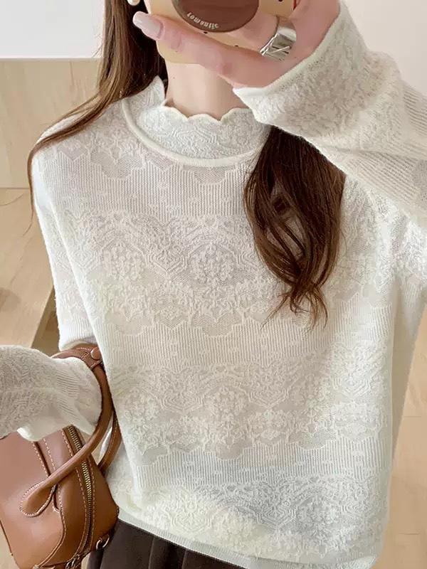 Lace semi-turtleneck knitted bottoming shirt for women's autumn and winter new versatile sweater bottoming jacquard top for women