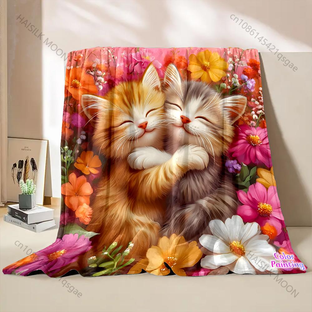 1PC Kittens Hugging Among Flowers Pattern Blanket Flannel Material Soft Warm for All Seasons Home Outdoor Camping Picnics RV