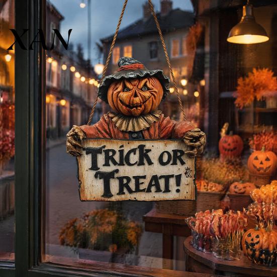 Halloween Hanging Decorations Trick or Treat Door Sign, with Scare Pumpkin Pattern, Indoor Outdoor Holiday Ornaments Vintage Style Wood Hanger,
