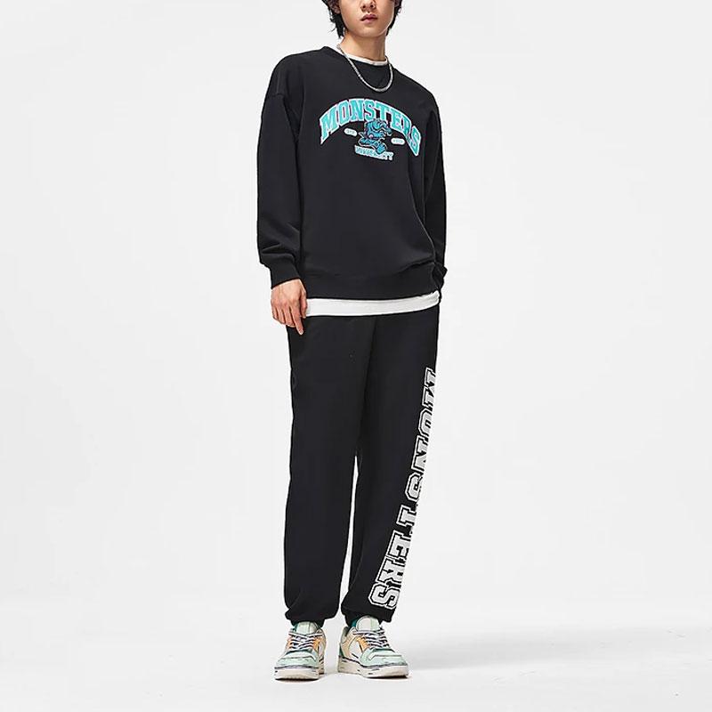 Li-Ning Disney Collaboration Series Cartoon Letter Print Fleece Warm Loose Pullover Sweatshirt Unisex Sweatshirt Black AWDT813-1