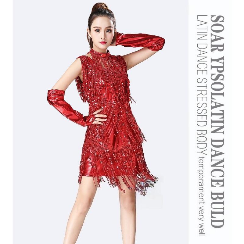 Sexy Shiny Flapper Gatsby Dress Double V-Neck Sleeveless Sequin Tassel Latin Jazz Party Dance Dress Vestido S красный