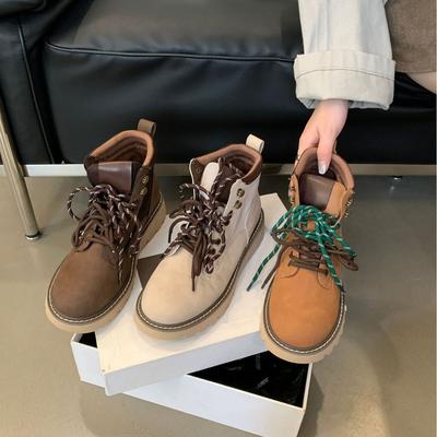 Cowhide Version British Style Short Boots Double Shoelaces Round Head Platform Classic Martin Boots Women's Leather Outdoor Mountaineering Tooling Boo