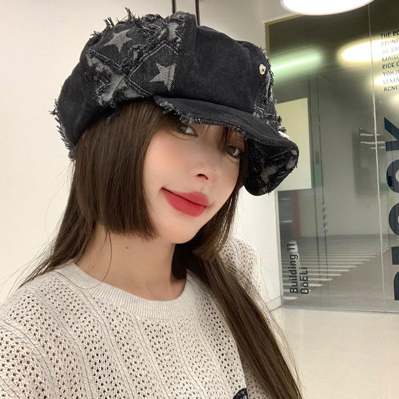 Rough Star Black Beret Women'S Autumn And Winter Niche Big Head Circumference Cowboy Octagonal Hat Showing Face Small Bud Hat Tide