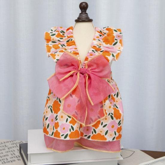 Spring Summer Pet Dress Ruffle Flying Sleeves Tulle Bow Floral Print Small