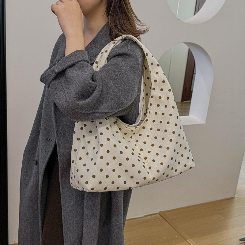 Women Simple Polka Dot Corduroy Underarm Tote Bag Casual Versatile Single Shoulder Handbag