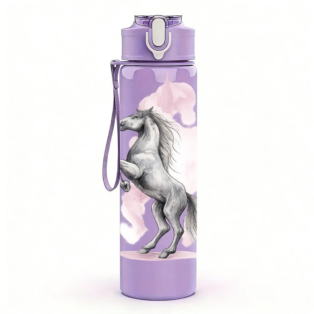1pz Cavallo Bianco Ritratto Luminoso 750ml Plastica Colorata Borraccia Sportiva Tappo a Flip Anti-perdita Adatta per Sport Ufficio Uso Domestico