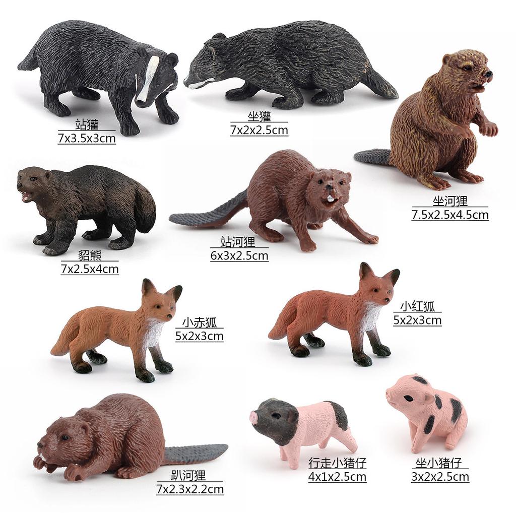 Simulation Forest Animal Set Model 10-Piece Fox Mink Bear Beaver Piglet Desktop Static Ornament Toy Batch