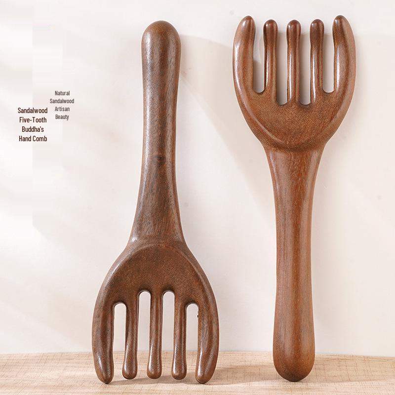 Golden Sandalwood Five-Finger Massage Comb for Full Body Relaxation Golden Sandalwood Long Handle Buddha Hand