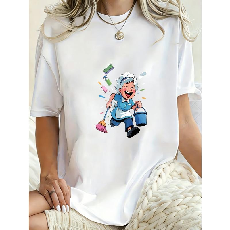 Oversized T Shirt Black Cleaning Lady Cartoon Print Casual Wear For Women Daily Outfits Street Style Fashion Top