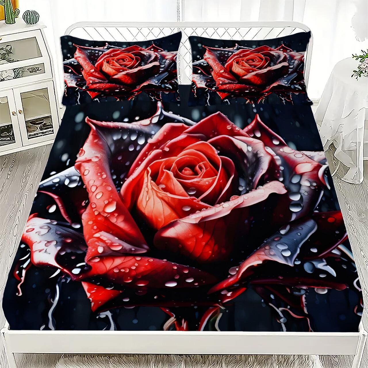 

3D Fitted Sheets Set Red Flowers Blooming in the Rainy Night Pattern Cute Bedding Set Printed Customized For Girls Kids Decorate 90x200cmx25