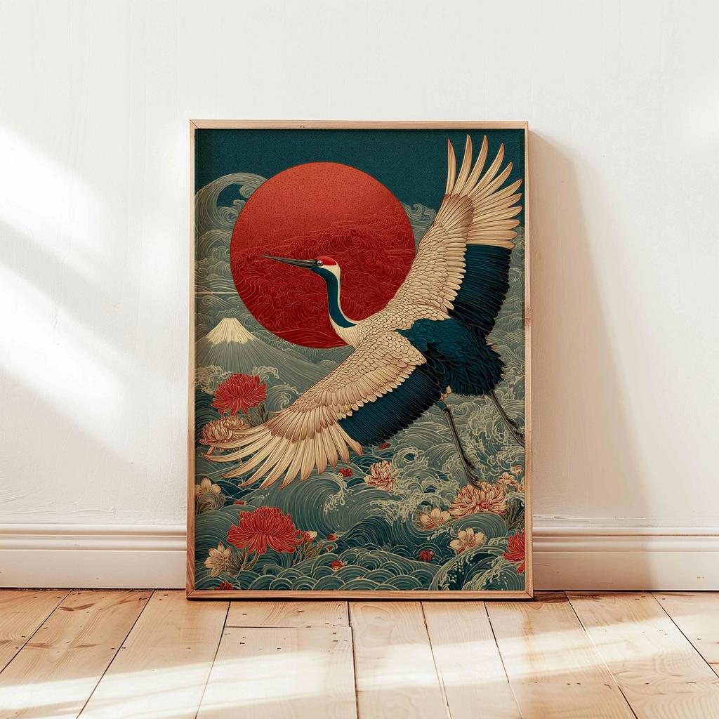 Cranes Flying Poster, Japanese Art Print, Traditional Ink Painting, Elegant Bird Art, Nature Wall Decor Oriental Landscape Decor