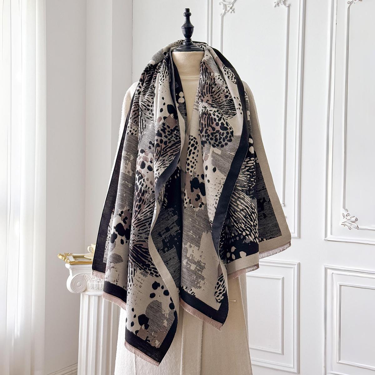 

Winter Travel Faux Cashmere Scarf for Women Thick Warm with Cashew and Leopard Print Fashionable Luxurious Blanket Scarf