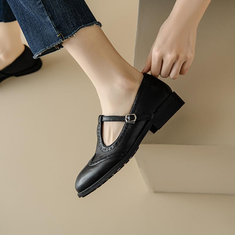 Fashion Retro Women's Brogue Leather Shoes Spring Round Head Carved Mary Jane Shoes Women Oxfords Women's Shoes Ladies Leather Female