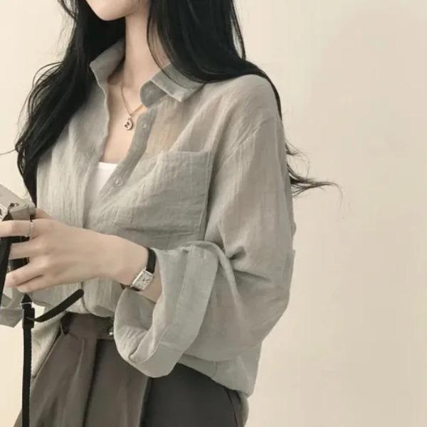 Summer Ice Cream Color Loose Long Sleeve Women's Shirt Sun Protection Folded Design Commute Style Thin Material Pure Color