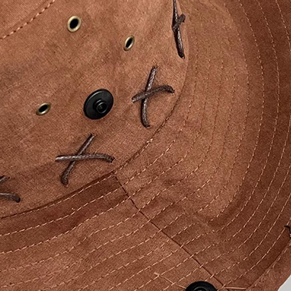 Large Brim Fisherman Cap Breathable Western Cowboy Hat Casual Vintage Sun Protection Travel Basin Hat Strap Camping Bucket Hat
