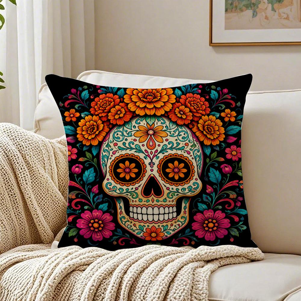 Halloween Sugar Skull Cushion Cover Organic Short Plush Cushion Covers Machine Washable Wrinkle-Resistant Soft Durable