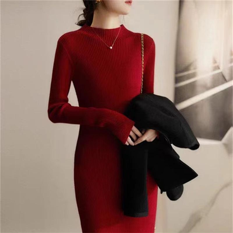 

Осенне-зимний свитер с полувысоким воротником и подкладкой для пальто, юбка, женская одежда высокого класса, защита от холодного ветра, трикотажное платье с длинным рукавом One size красный
