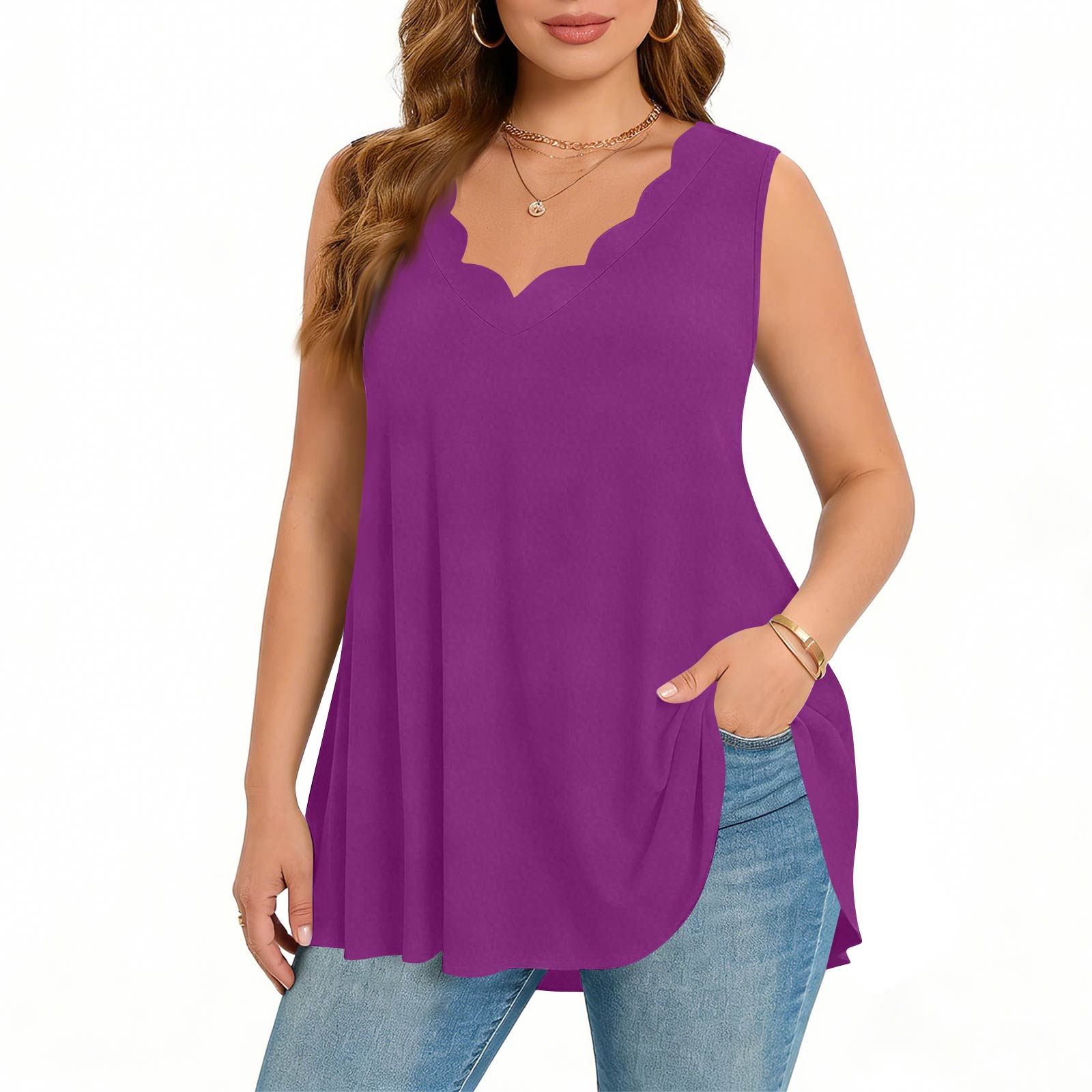 Damen Übergröße V-Ausschnitt Ärmelloses Tanktop mit gehäkeltem Saum XXXXXL violett