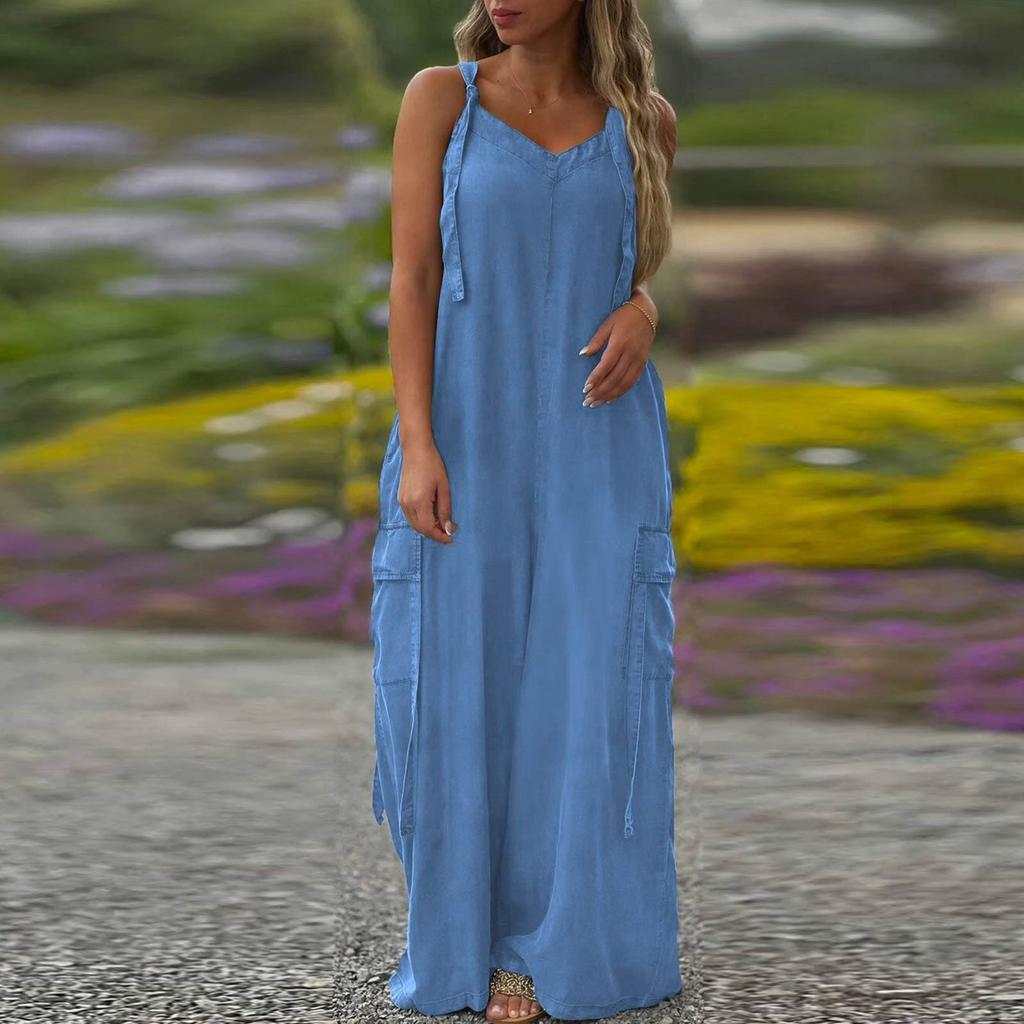 Women's Fashion Casual Loose Pocket V-Neck Colour Jumpsuit
