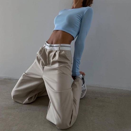 High Waist Button Zipper Fly Suit Pants Pockets Draped Full Length Office Lady Straight Wide Leg Trousers