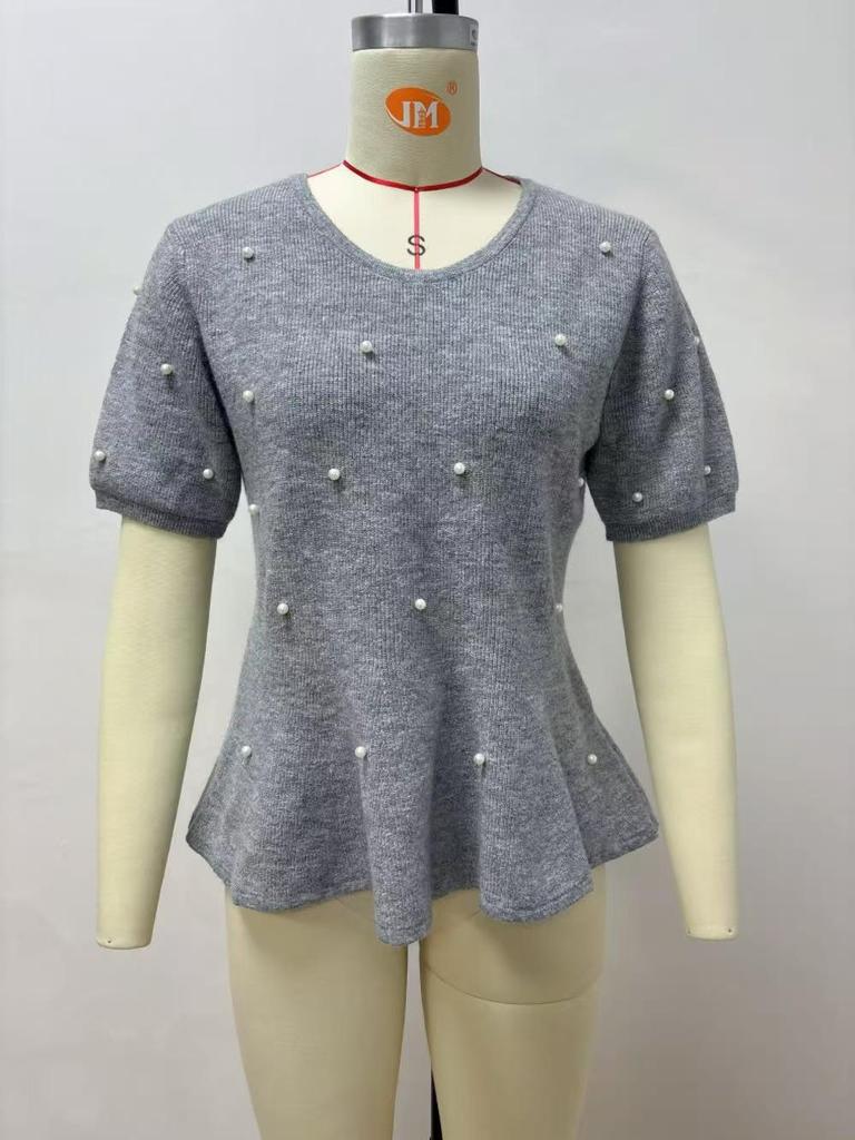 European French Style Pearl Embellished Knit Top - Short-Sleeved, Soft, Waist-Cinching, Ruffled, Plush Women's Top