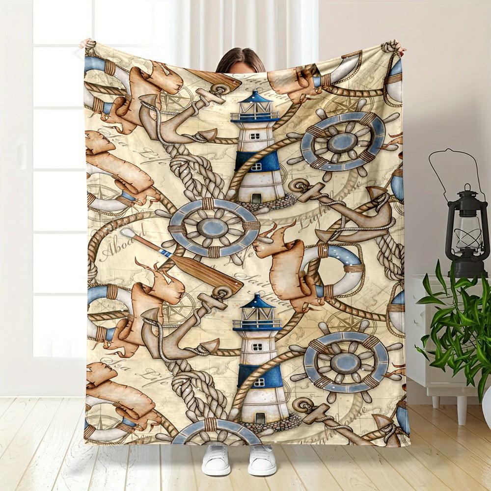 Nautical Theme: Lighthouse, Anchors, Helm Design Flannel blanket for bedroom, living room, sofa, and nap.