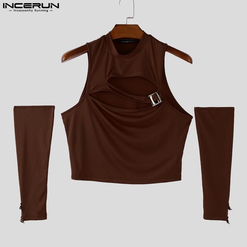 INCERUN Men Mockneck Sleeveless Cutout Casual Fitted Crop Tank Tops with Oversleeve