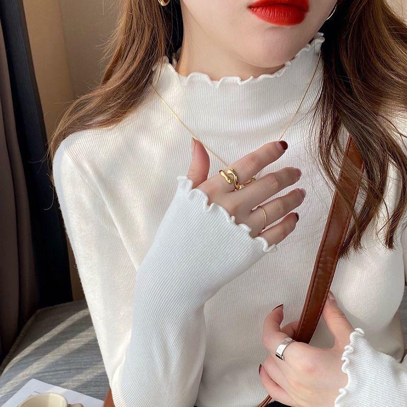 

Foreign-style top, fungus edge, long-sleeved tight-fitting knitted sweater for women s autumn and winter bottoming shirt, lace collar for women 48-201 (average size) білий