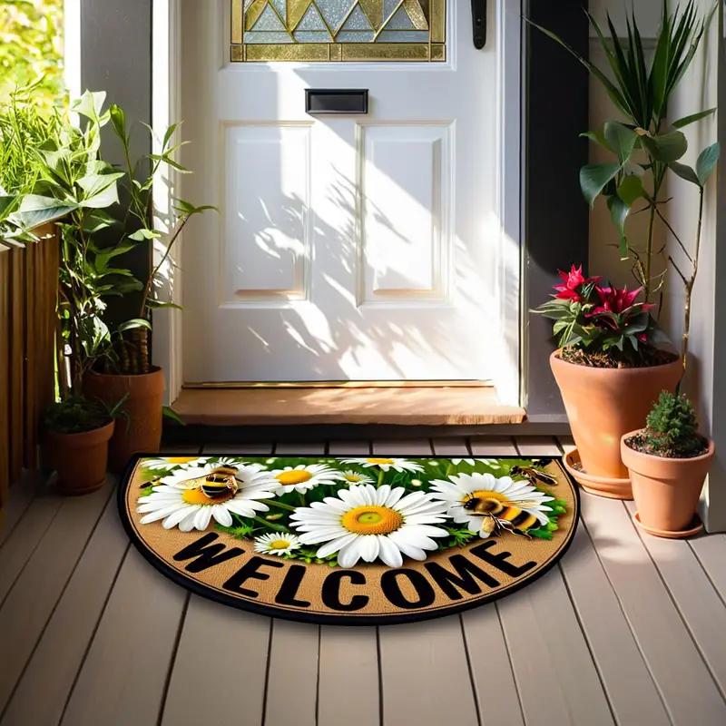60*90cm Charming Bee & Floral Welcome Mat - Non-Slip Durable Semi-Circular Door Mat -Multiple Sizes Available, Bee Kitchen Decor Mat