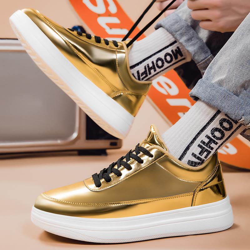 Fashion Men Shoes Lacquer Leather with Shiny Surface and Thick Base Fashion Casual Sport Lamp Party Golden Black Boots Flats Sneaker