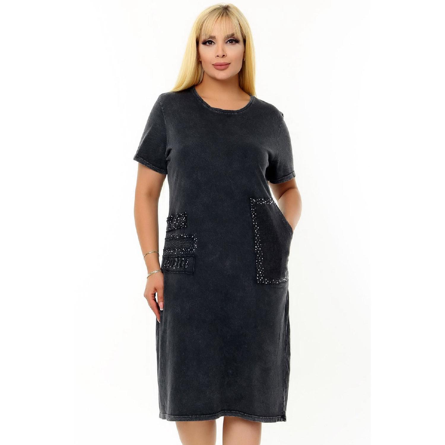 

Round Collar Short Sleeve Patch And Mesh Detailed Stone Printed Casual Cutted Pocket Knee Length Washing Dress 42-44 чорний