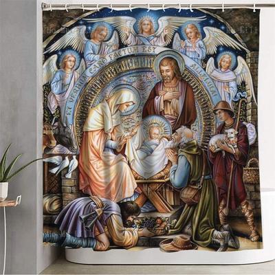 Nativity Scene Virgin Mary With Baby Jesus And The Wise Holy Family Catholic Print Christmas Shower Curtain